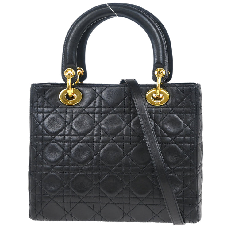 Christian Dior 1997 Black Lambskin Medium Lady Dior Cannage 2way Shoulder Handbag
