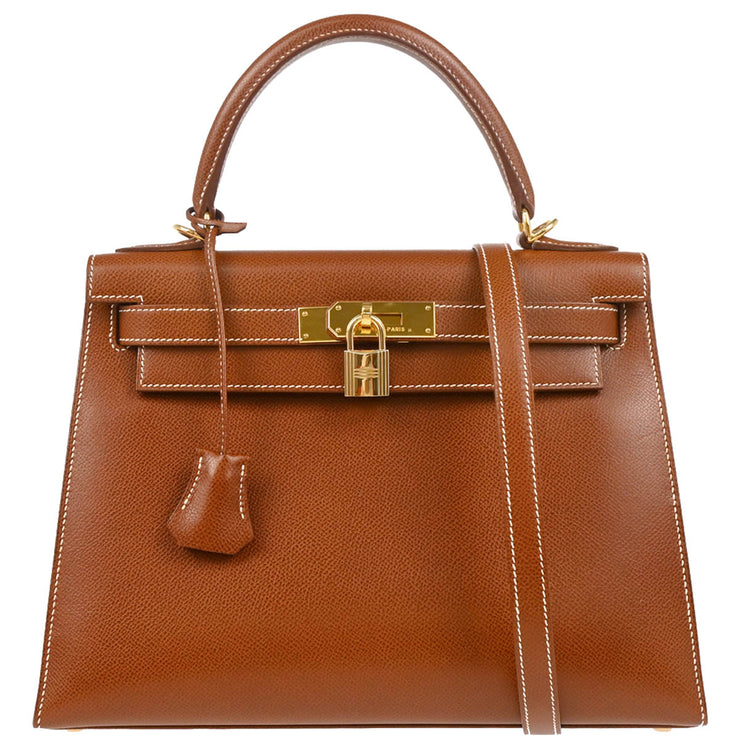 Hermes 2003 Noisette Lisse Kelly 28 Sellier 2way Shoulder Handbag