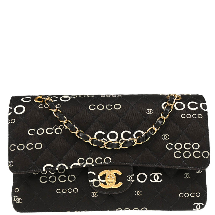 Chanel Black Canvas COCO Medium Classic Double Flap Shoulder Bag