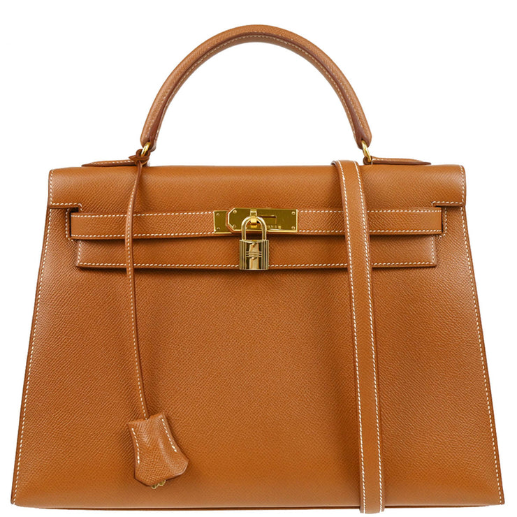 Hermes 1997 Gold Courchevel Kelly 32 Sellier 2way Shoulder Handbag