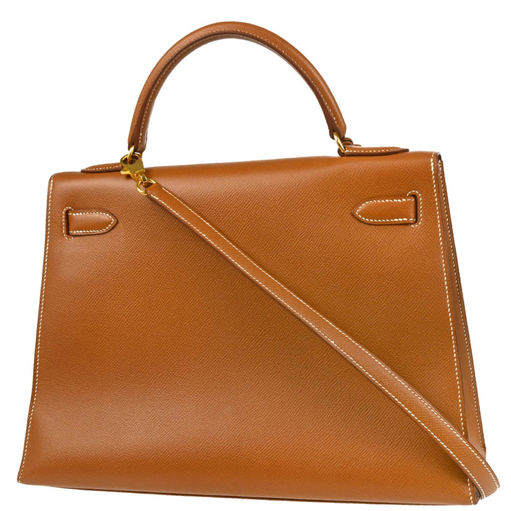 Hermes 1997 Gold Courchevel Kelly 32 Sellier 2way Shoulder Handbag