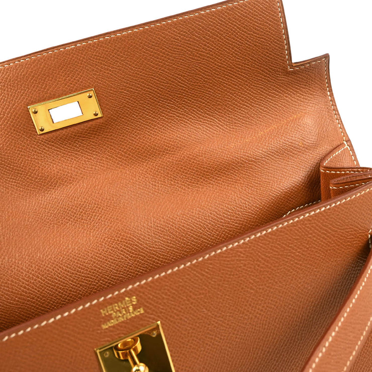 Hermes 1997 Gold Courchevel Kelly 32 Sellier 2way Shoulder Handbag