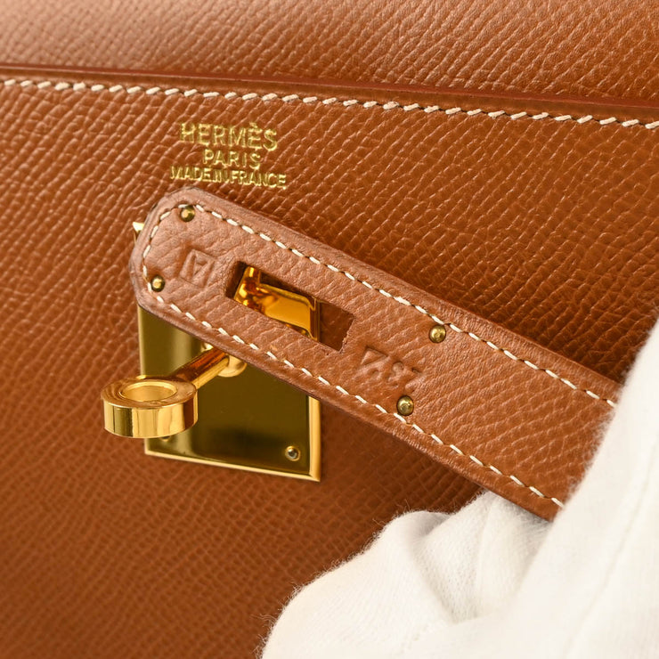 Hermes 1997 Gold Courchevel Kelly 32 Sellier 2way Shoulder Handbag