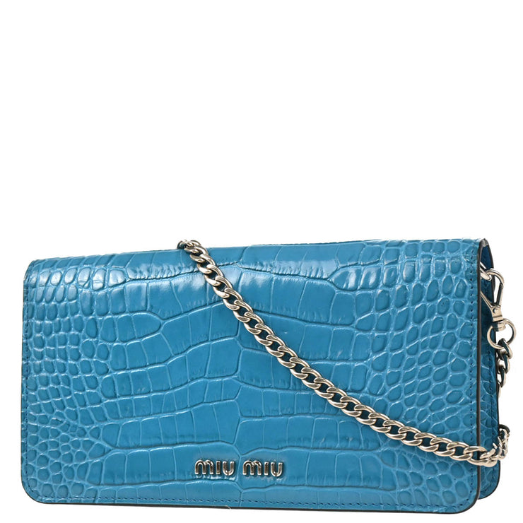 Miu Miu Turquoise Blue Embossed Leather Bijou Clutch Shoulder Bag