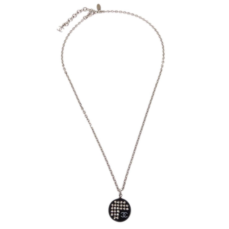 Chanel Medallion Pendant Necklace Rhinestone Silver Black 05P