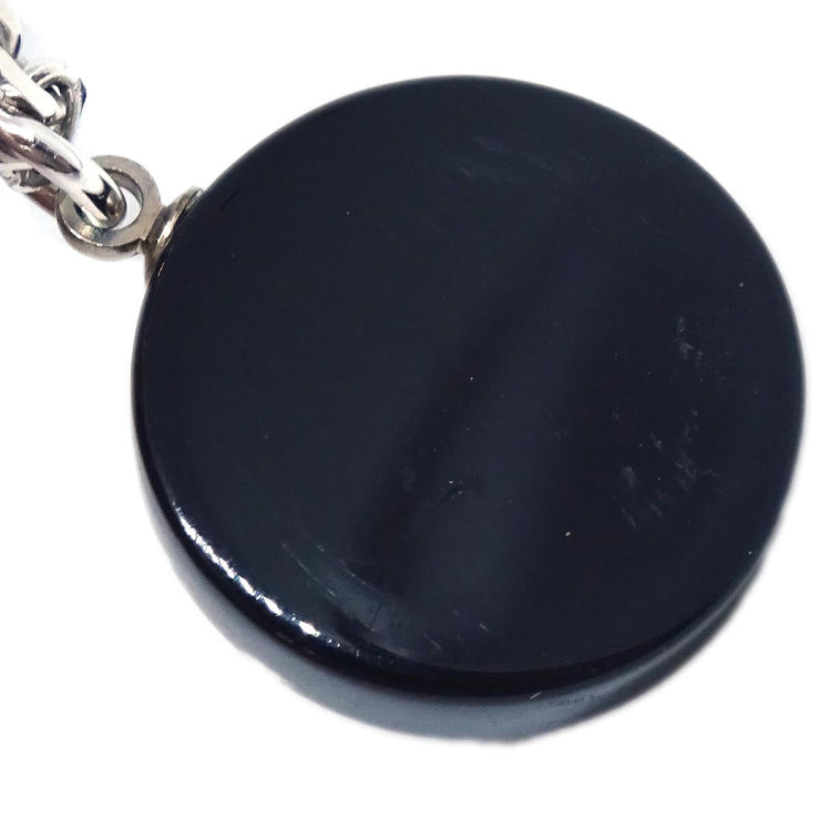 Chanel Medallion Pendant Necklace Rhinestone Silver Black 05P