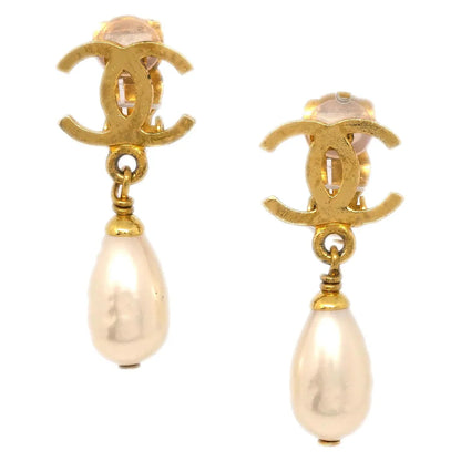 Chanel CC Costume Pearl Dangle Earrings Clip-On Gold 96P