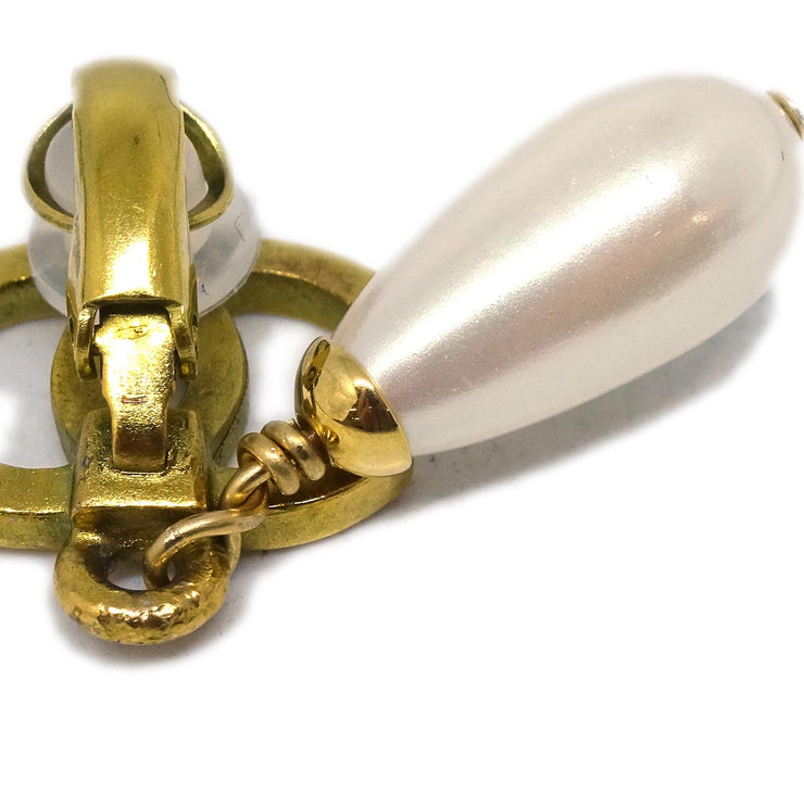 Chanel CC Costume Pearl Dangle Earrings Clip-On Gold 95P