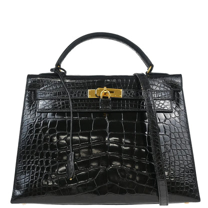Hermes * 1996 Black Alligator Kelly 32 Sellier Handbag
