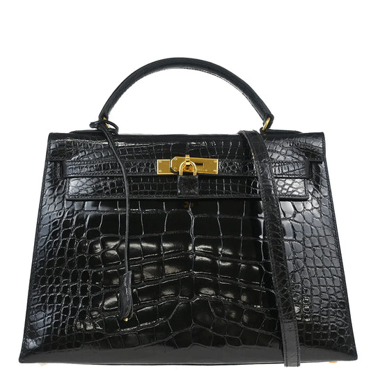 Hermes * 1996 Black Alligator Kelly 32 Sellier Handbag