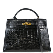 Hermes * 1996 Black Alligator Kelly 32 Sellier Handbag
