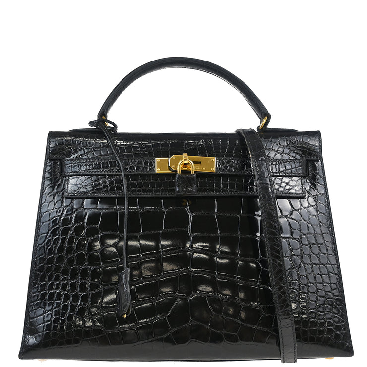 Hermes * 1996 Black Alligator Kelly 32 Sellier Handbag