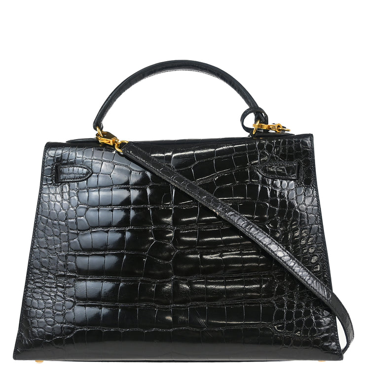 Hermes * 1996 Black Alligator Kelly 32 Sellier Handbag
