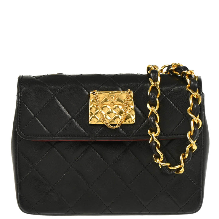 Chanel 1986-1988 Black Lambskin Straight Flap Shoulder Bag