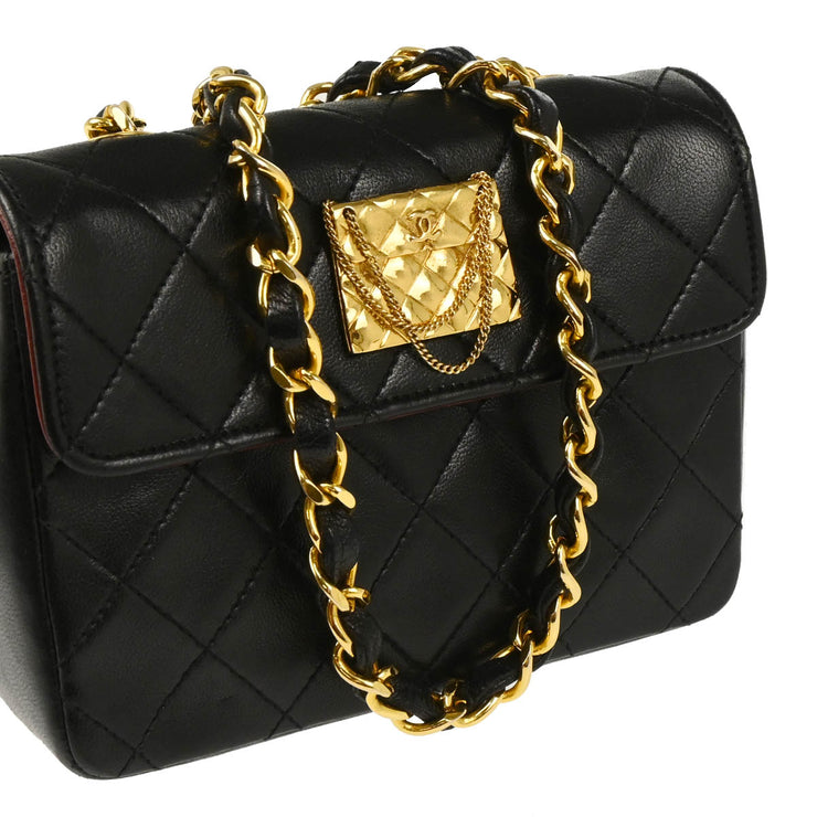 Chanel 1986-1988 Black Lambskin Straight Flap Shoulder Bag