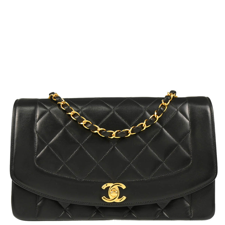 Chanel 1994-1996 Black Lambskin Medium Diana Shoulder Bag