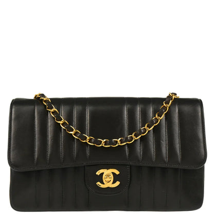 Chanel 1991-1994 Black Lambskin Vertical Stitch Single Flap Shoulder Bag