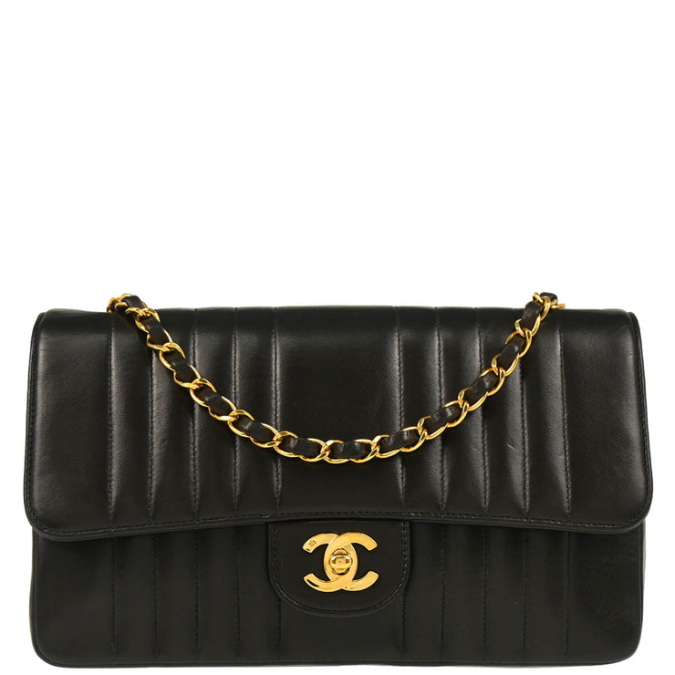 Chanel 1991-1994 Black Lambskin Vertical Stitch Single Flap Shoulder Bag