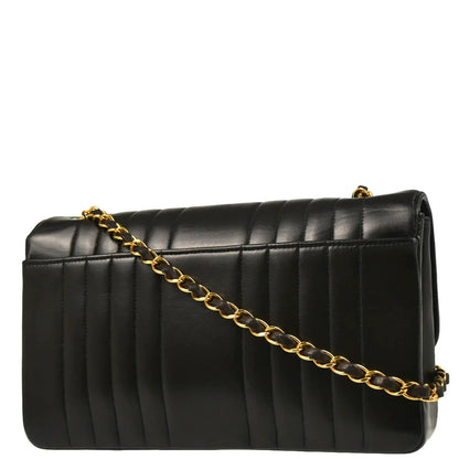 Chanel 1991-1994 Black Lambskin Vertical Stitch Single Flap Shoulder Bag