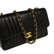 Chanel 1991-1994 Black Lambskin Vertical Stitch Single Flap Shoulder Bag