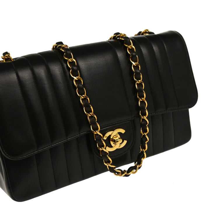 Chanel 1991-1994 Black Lambskin Vertical Stitch Single Flap Shoulder Bag