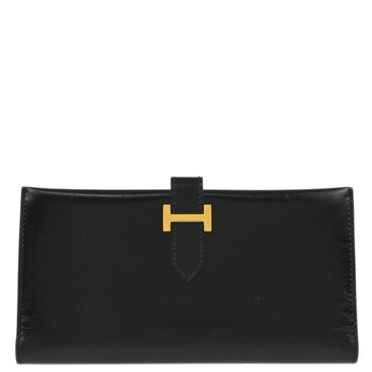 Hermes 1999 Black Box Calf Bearn Bifold Long Wallet