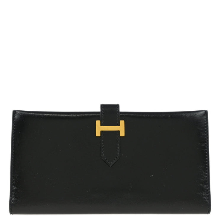Hermes 1999 Black Box Calf Bearn Bifold Long Wallet