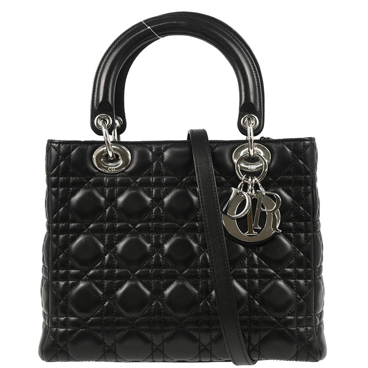 Christian Dior 2009 Black Lambskin Medium Lady Dior Cannage 2way Shoulder Handbag