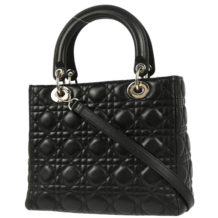 Christian Dior 2009 Black Lambskin Medium Lady Dior Cannage 2way Shoulder Handbag