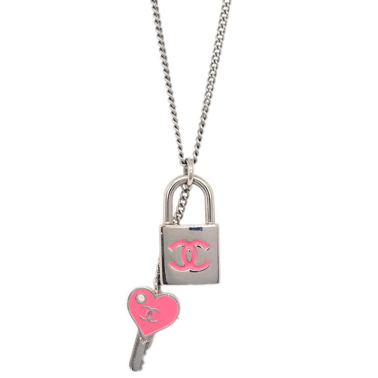 Chanel Pendant Necklace Key Padlock Silver Pink 07P