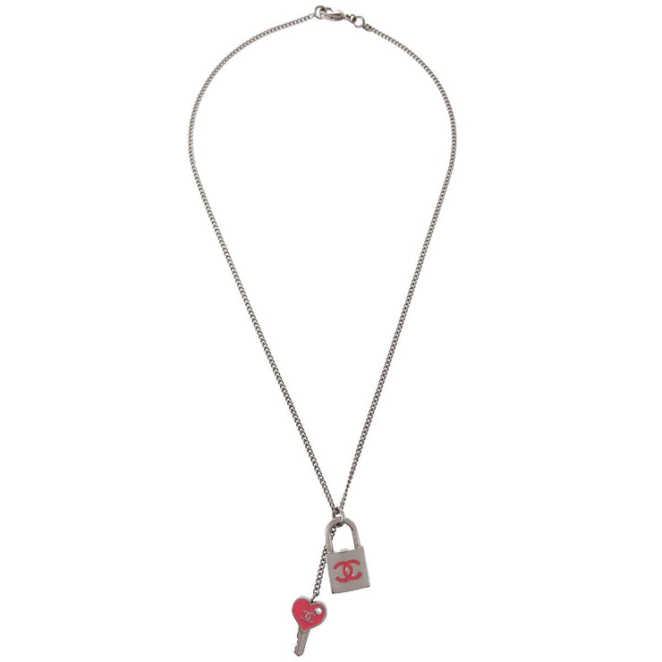 Chanel Pendant Necklace Key Padlock Silver Pink 07P