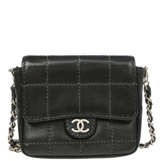 Chanel 2000-2001 Black Lambskin Choco Bar Micro Classic Flap Shoulder Bag Pochette
