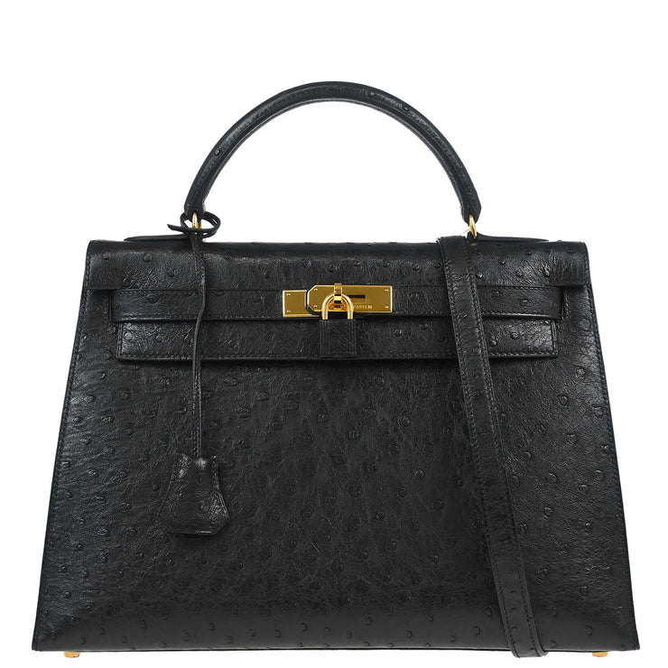 Hermes * 1995 Black Ostrich Kelly 32 Sellier Handbag