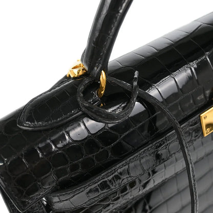 Hermes * 1993 Black Porosus Crocodile Kelly 32 Sellier Handbag