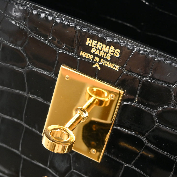 Hermes * 1993 Black Porosus Crocodile Kelly 32 Sellier Handbag
