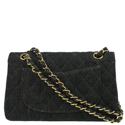 Chanel 1997-1999 Black Denim Small Classic Double Flap Shoulder Bag