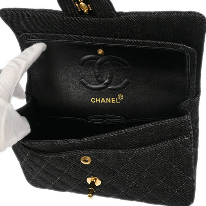 Chanel 1997-1999 Black Denim Small Classic Double Flap Shoulder Bag