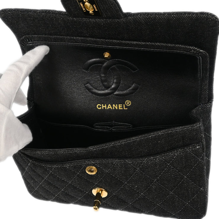 Chanel 1997-1999 Black Denim Small Classic Double Flap Shoulder Bag