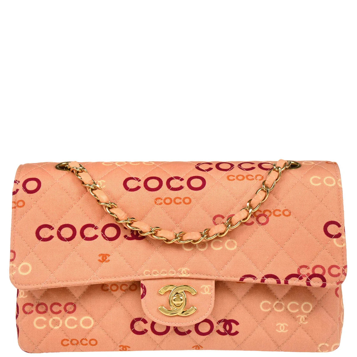 Chanel 2001-2003 Pink Canvas COCO Medium Classic Double Flap Shoulder Bag