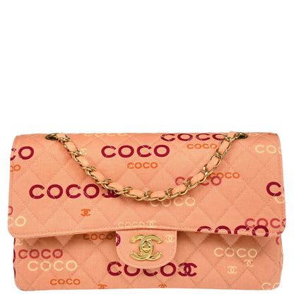 Chanel 2001-2003 Pink Canvas COCO Medium Classic Double Flap Shoulder Bag