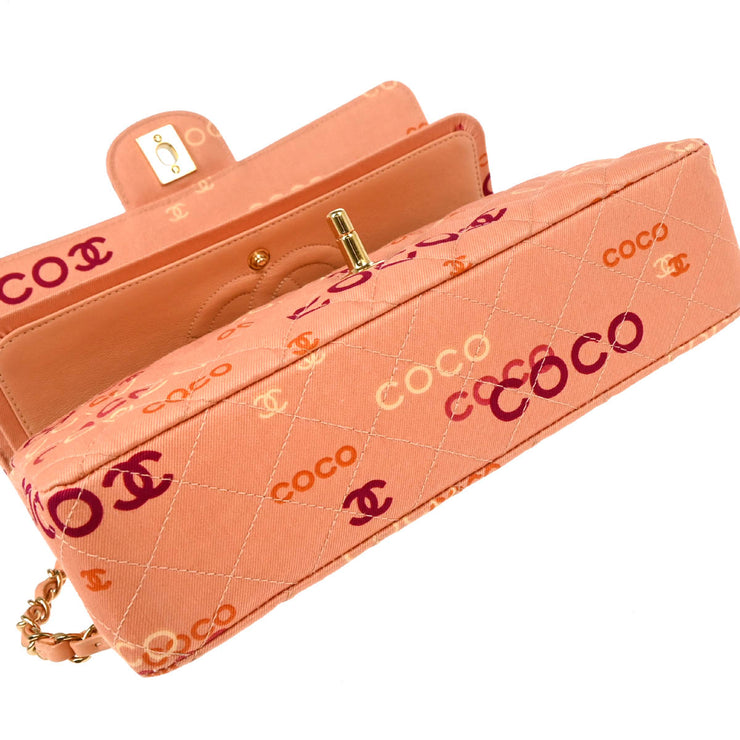 Chanel 2001-2003 Pink Canvas COCO Medium Classic Double Flap Shoulder Bag