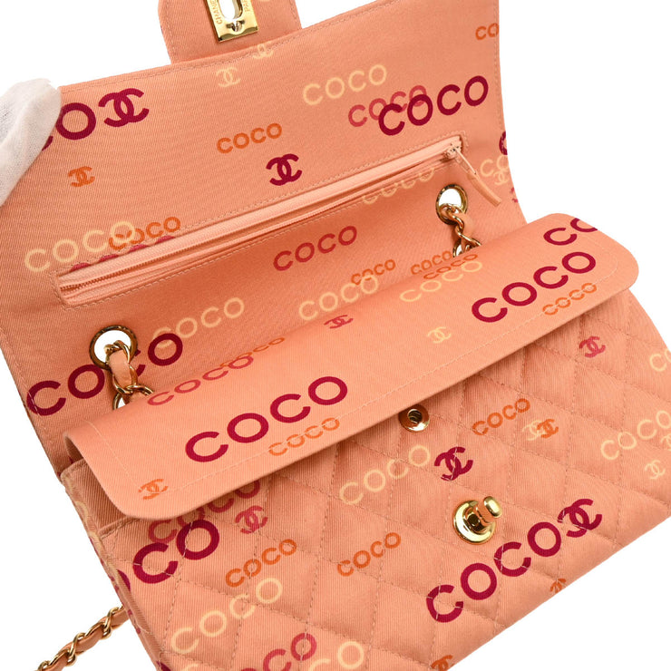 Chanel 2001-2003 Pink Canvas COCO Medium Classic Double Flap Shoulder Bag