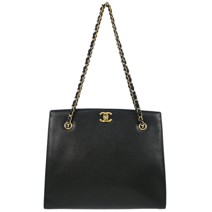 Chanel 1997-1999 Black Caviar Chain Shoulder Tote Bag
