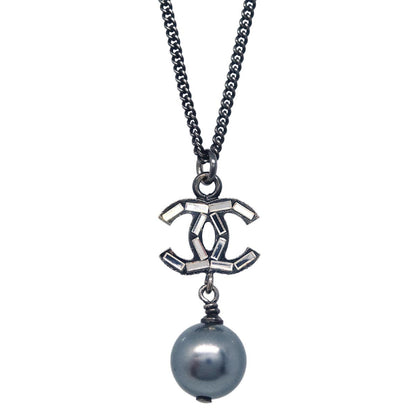 Chanel CC Chain Necklace Pendant Rhinestone Costume Pearl Black 10A