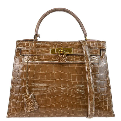 Hermes * 1991 Ficelle Niloticus Crocodile Kelly 28 Sellier 2way Shoulder Handbag