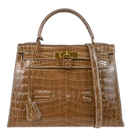Hermes * 1991 Ficelle Niloticus Crocodile Kelly 28 Sellier 2way Shoulder Handbag