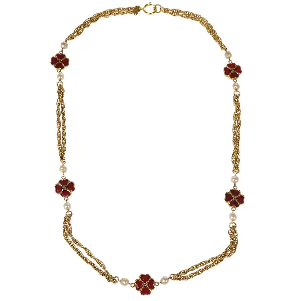 Chanel Clover Chain Necklace Gold Costume Pearl