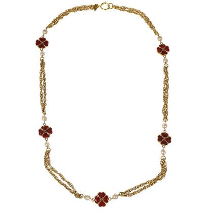 Chanel Clover Chain Necklace Gold Costume Pearl
