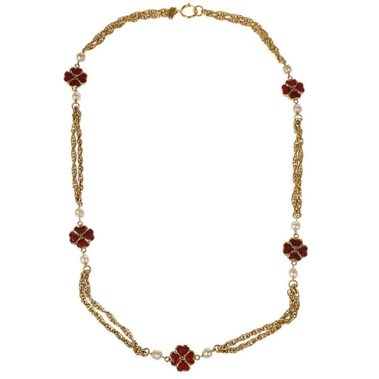 Chanel Clover Chain Necklace Gold Costume Pearl