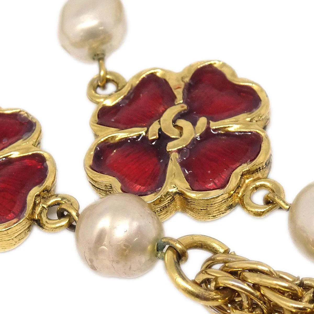 Chanel Clover Chain Necklace Gold Costume Pearl